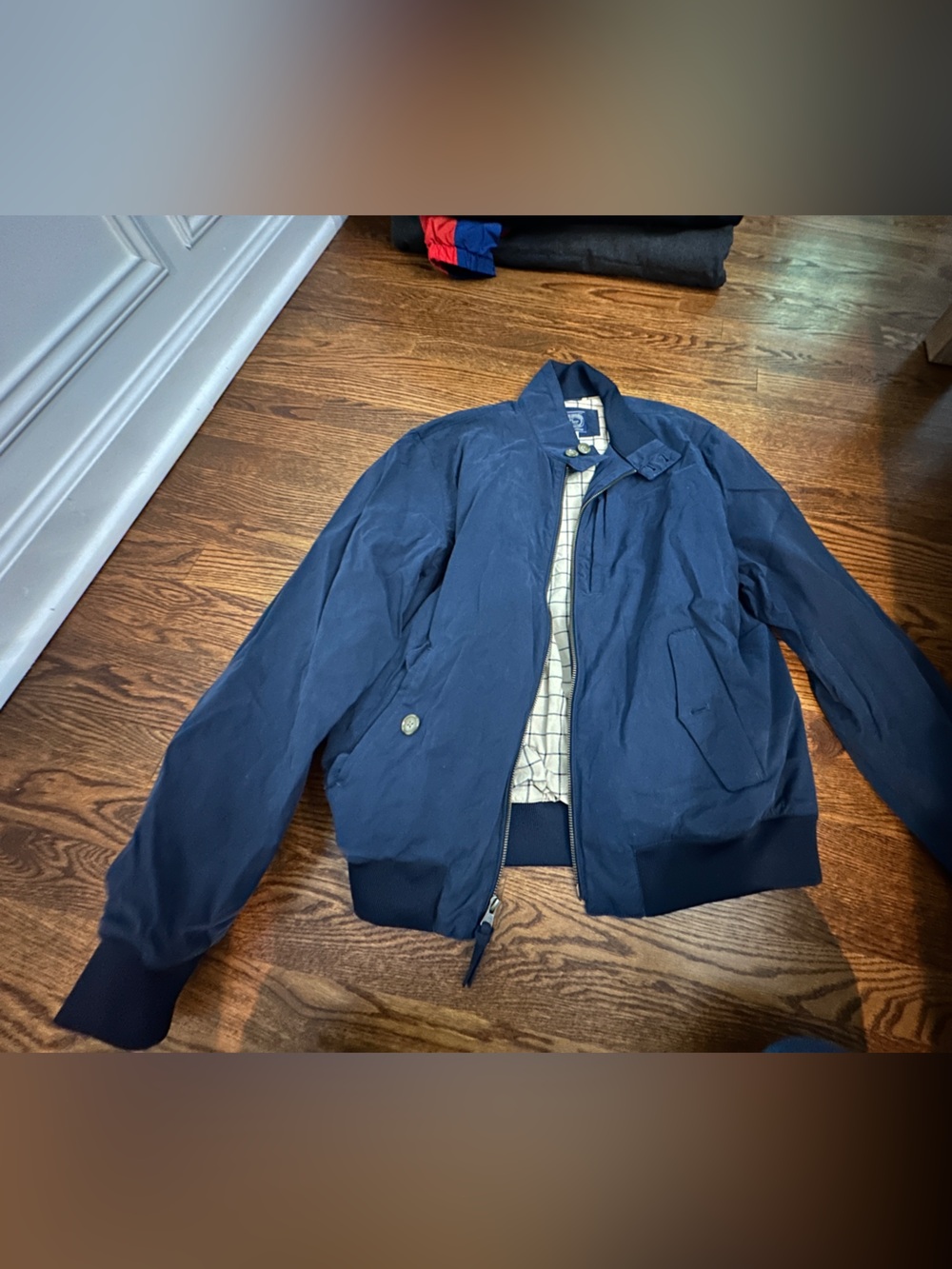 J. Crew Navy Bomber Harrington Jacket with Check Lining